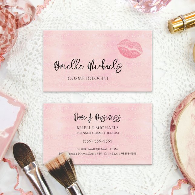 Makeup Artist Pearl Pink Lipstick Kiss Cosmetology Visitenkarte (Makeup Artist Pearl Pink Lipstick Kiss Cosmetology Business Cards)