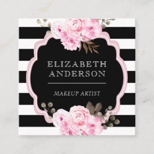 Makeup Artist Pink Floral Black Strip Quadratische Visitenkarte