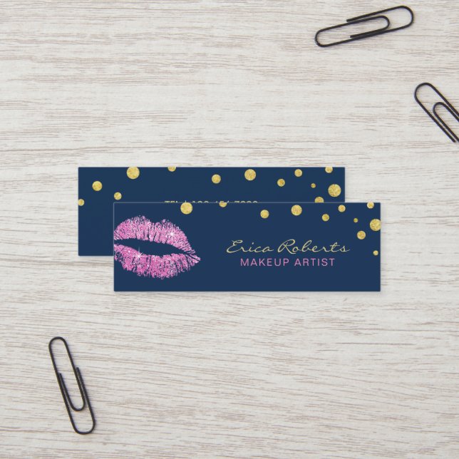 Makeup Artist Pink Glitzer Lips Navy Blue Mini Visitenkarte (Vorderseite/Rückseite Beispiel)