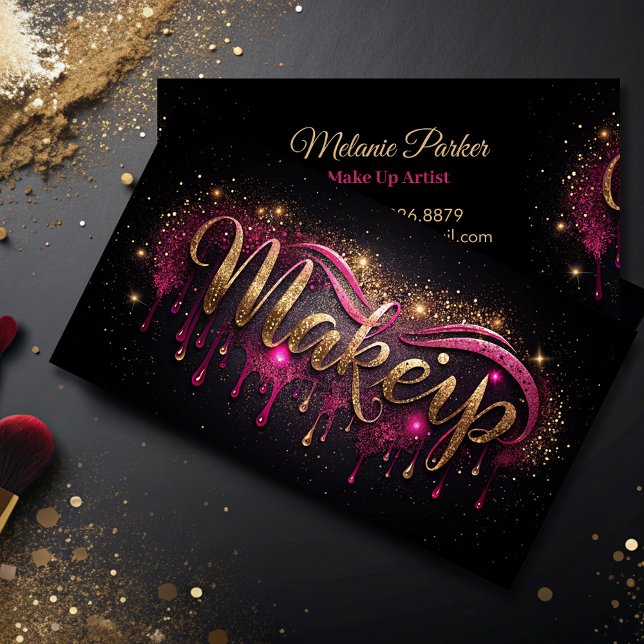 Makeup Artist pink Gold Tropfen Trendy Black Glitz Visitenkarte (Von Creator hochgeladen)