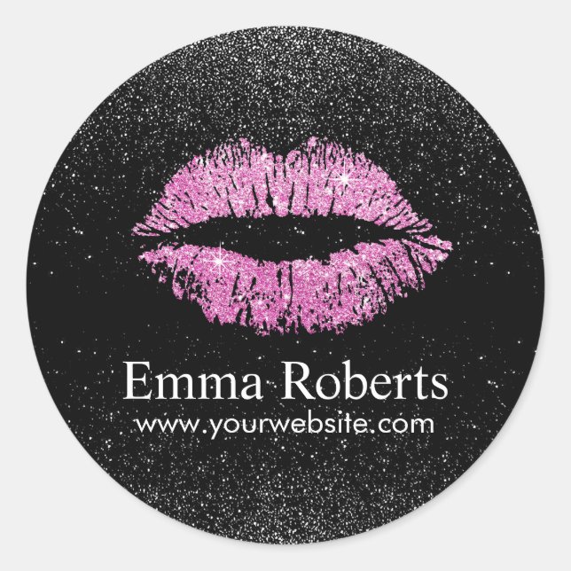 Makeup Artist Pink Lipno Moderner Schwarzer Glitze Runder Aufkleber (Vorderseite)