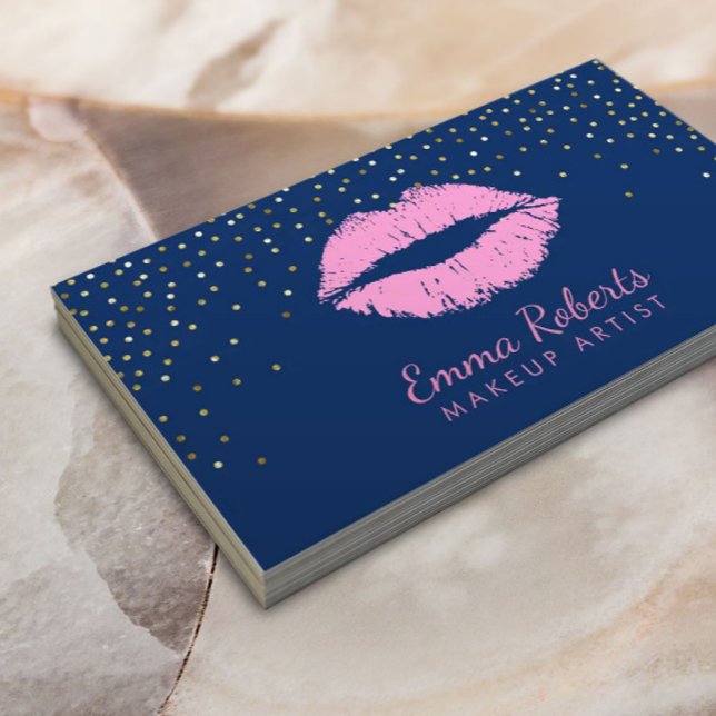 Makeup Artist Pink Lips Gold Confetti Navy Blue Visitenkarte (Von Creator hochgeladen)