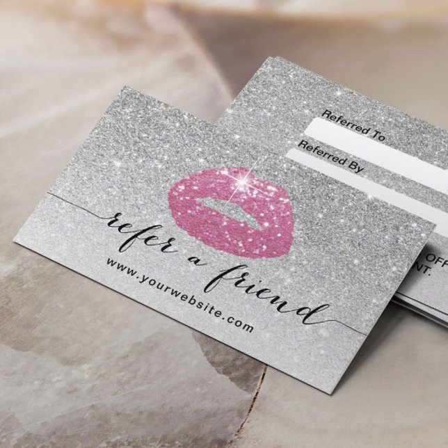 Makeup Artist Pink Lips Silver Glitzer Referenz Empfehlungskarte (Von Creator hochgeladen)