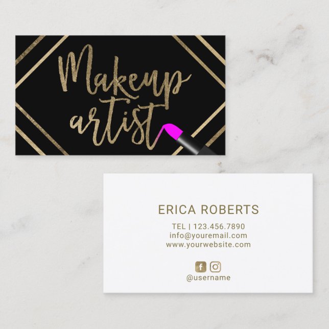 Makeup Artist Pink Lipstick Modern Gold Typografie Visitenkarte (Vorne/Hinten)