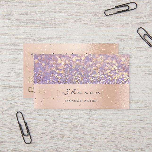 Makeup Artist Pink Rose Gold Glitzer Lila Sparkus Visitenkarte (Vorderseite/Rückseite Beispiel)