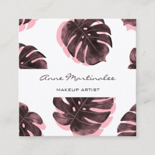 Makeup Artist Pink und Black Monstera Leaf Quadratische Visitenkarte