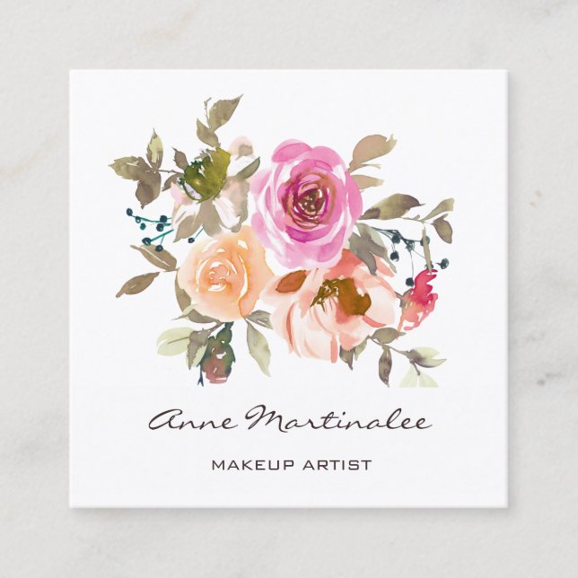 Makeup Artist Pink und Peach Floral Wasserfarbe Quadratische Visitenkarte (Vorderseite)