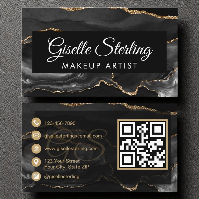 Makeup Artist QR Code Black Gold Agate Luxus Visitenkarte (Von Creator hochgeladen)