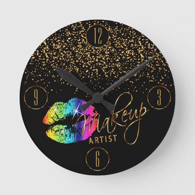 Makeup Artist Rainbow Lippen und Gold Glitzer Runde Wanduhr (Vorderseite)