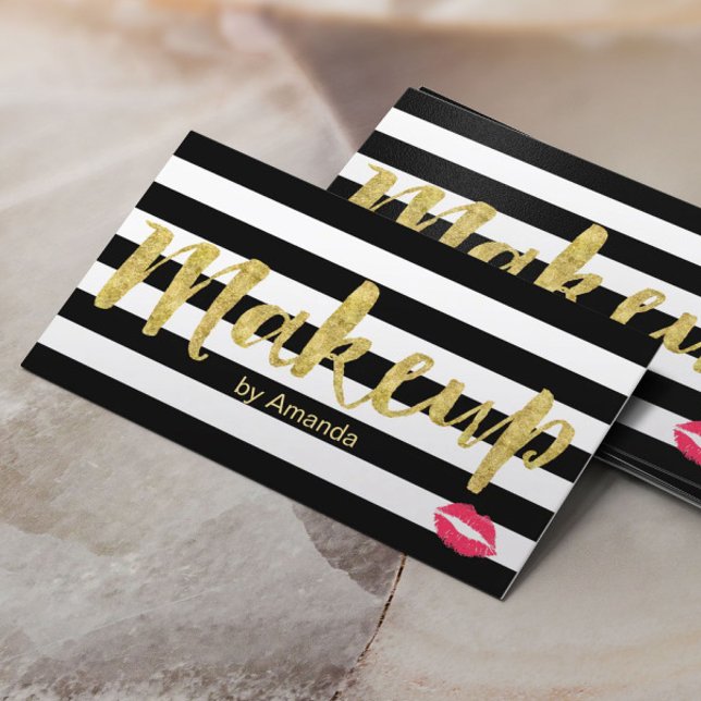 Makeup Artist Red Lips Gold Script Modern Strips Visitenkarte (Von Creator hochgeladen)