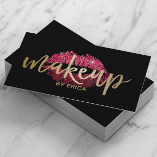 Makeup Artist Red Lips Modern Gold Script Visitenkarte