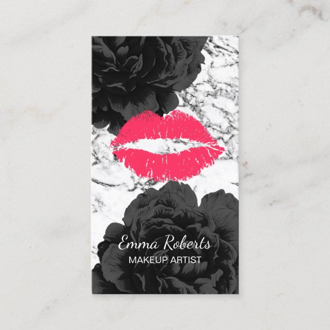 Makeup Artist Red Lips Modern Marble Black Floral Visitenkarte (Vorderseite)