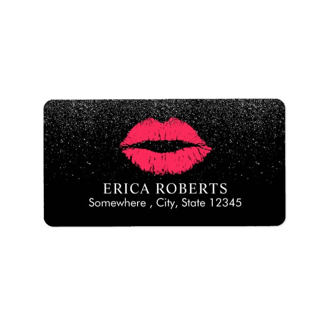 Makeup Artist Red Lips Trendy Black Glitzer Salon Adressaufkleber (Vorne)