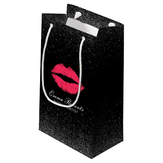 Makeup Artist Red Lips Trendy Black Glitzer Salon Kleine Geschenktüte (Rückseite Schrägansicht)