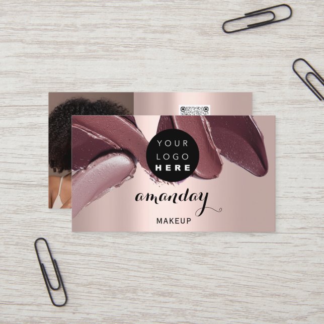 Makeup Artist Red Lipstick Foto QR Code Gloss Visitenkarte (Vorderseite/Rückseite Beispiel)