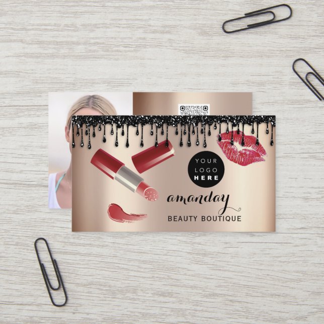 Makeup Artist Red Lipstick Rose Foto QR Logo Visitenkarte (Vorderseite/Rückseite Beispiel)