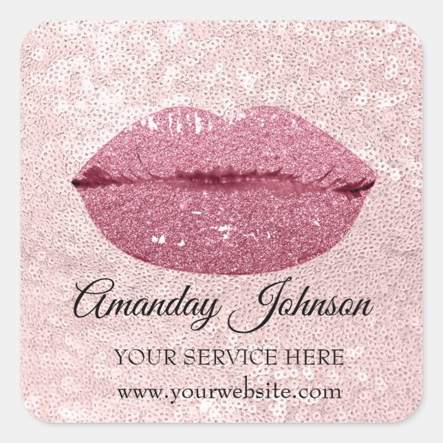 Makeup Artist Rose Glitzer Kiss Lips Web benennen Quadratischer Aufkleber (Vorderseite)