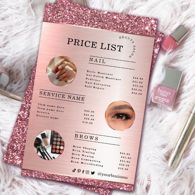Makeup Artist Rose Gold Glitzer Flyer (Makeup Artist Rose Gold Glitter flyer #zazzlemade #rosegold #pricelist #pinkflyer #glam #sparkle)
