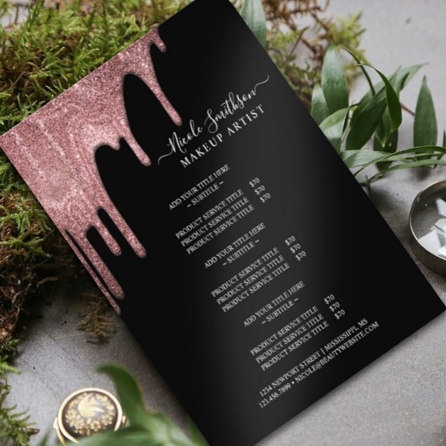 Makeup Artist Rose Gold Glitzer Glam Service List Flyer (Von Creator hochgeladen)