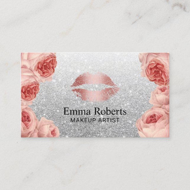 Makeup Artist Rose Gold Lippen Silber Glitzer Blum Visitenkarte (Vorderseite)