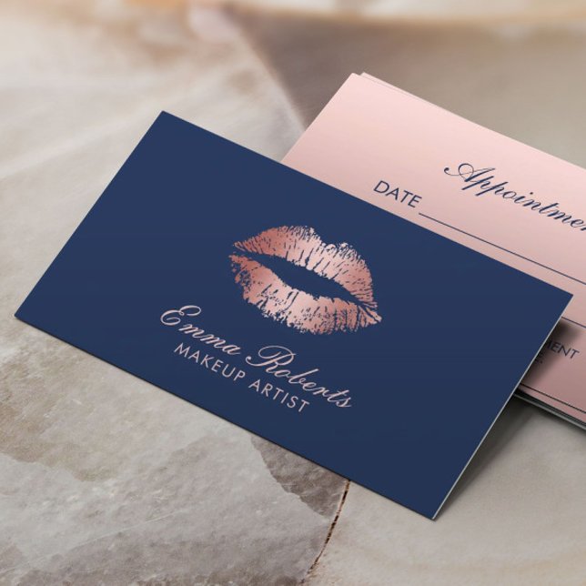 Makeup Artist Rose Gold Lips Navy Blue Salon Terminkarte (Von Creator hochgeladen)