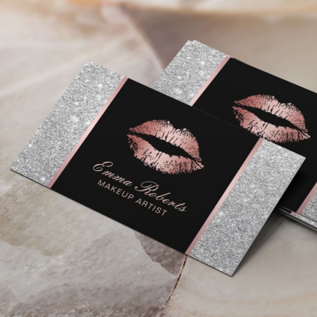 Makeup Artist Rose Gold Lips Trendige Silber Glitz Visitenkarte (Von Creator hochgeladen)