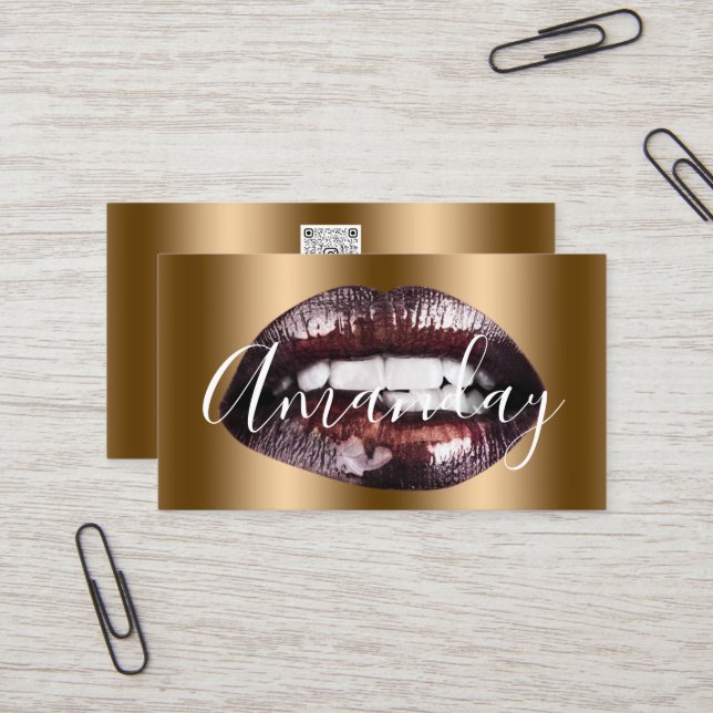Makeup Artist Rose Honey Lips Logo QR Code Visitenkarte (Vorderseite/Rückseite Beispiel)