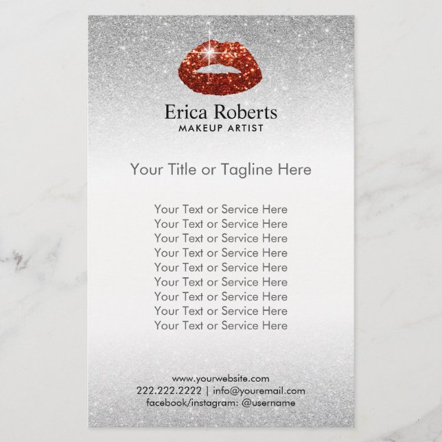 Makeup Artist Rote Lippen Silberner Glitzer Schönh Flyer (Vorne)