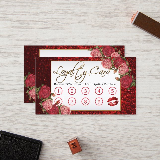 Makeup Artist - Roter Glitzer und Blumendesign Treuekarte (Vorderseite/Rückseite Beispiel)