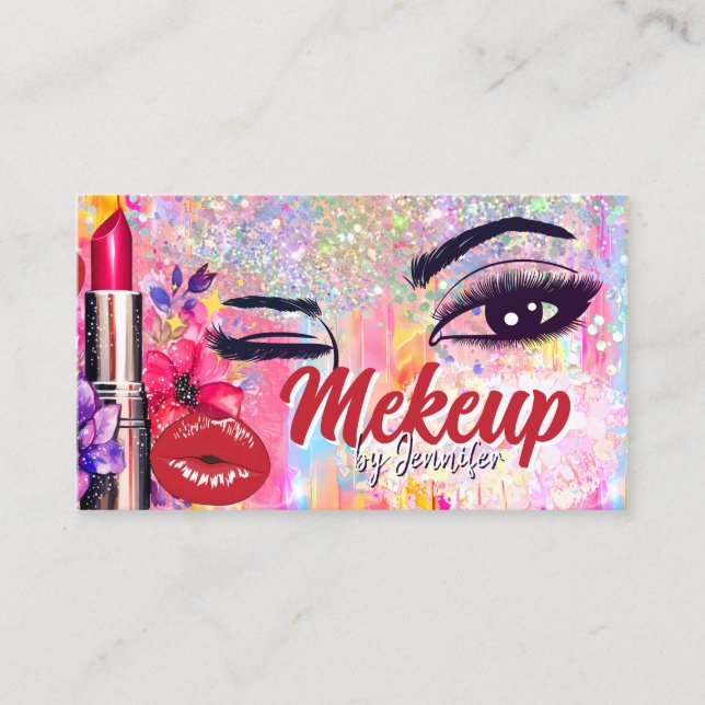 Makeup Artist Salon Holographic Glitzer Red Lips Visitenkarte (Vorderseite)