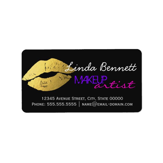 Makeup Artist - Sassy Gold Lips Dunkles Thema Stil Adressaufkleber (Vorne)