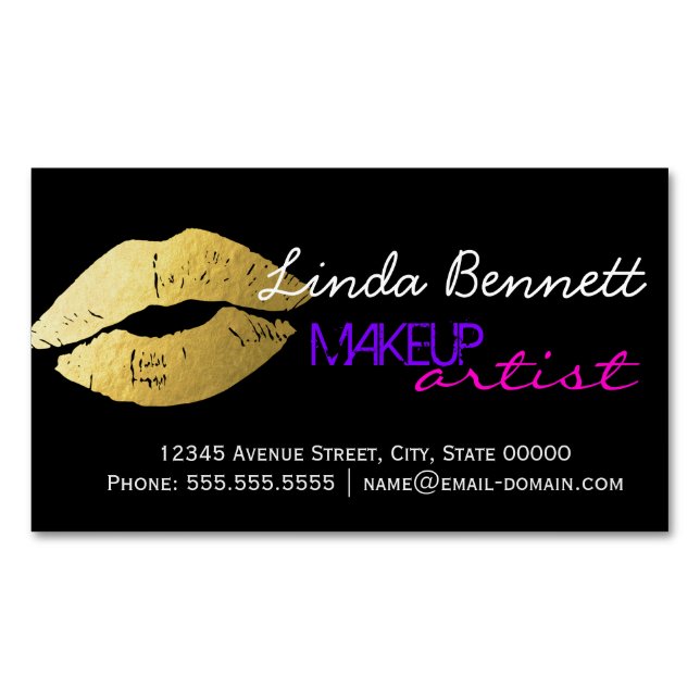 Makeup Artist - Sassy Gold Lips Dunkles Thema Stil Magnetische Visitenkarte (Vorderseite)