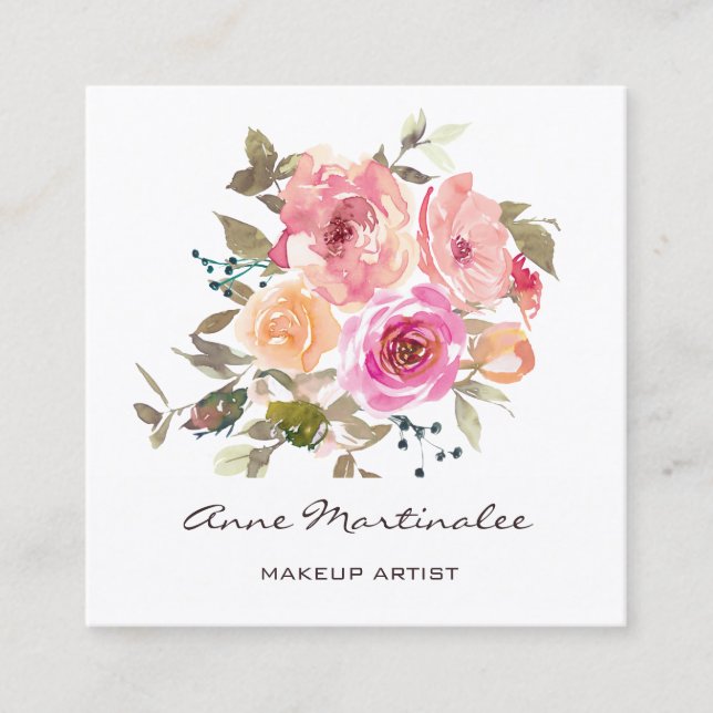 Makeup Artist Watercolor Floral Quadratische Visitenkarte (Vorderseite)