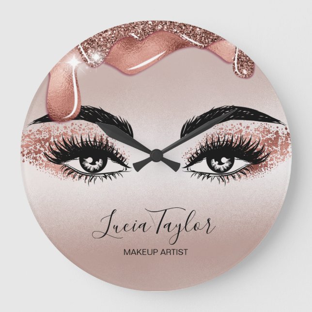 Makeup Beauty Lashes Rose Gold Drips Glitter Große Wanduhr (Vorderseite)
