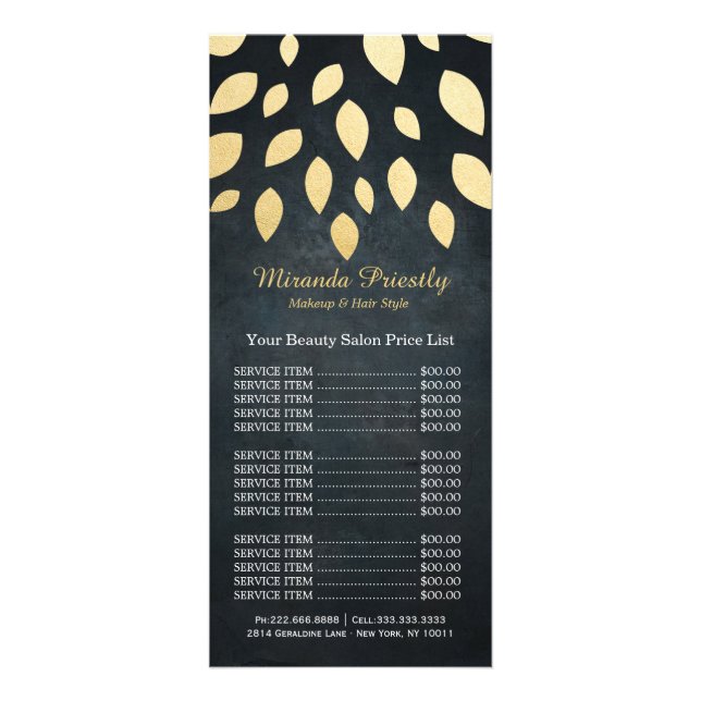Makeup Beauty Salon Black & Gold Blätter Preislist Werbekarte (Vorne)