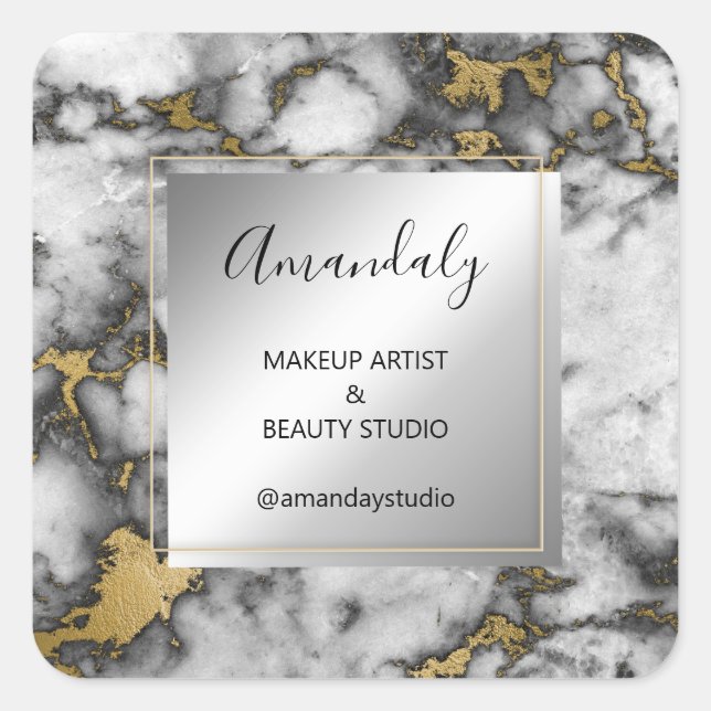 Makeup Beauty Shop Danke Gold Marmorrahmen grau Quadratischer Aufkleber (Vorderseite)