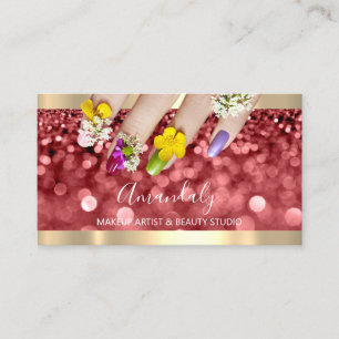 Makeup Blue Glitzer Burgundy Glam Nails Floral Visitenkarte
