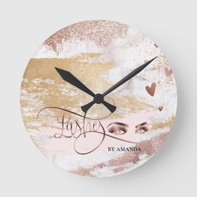 Makeup Eyebrow Eyes Lashes Rose Gold Brush Strokes Runde Wanduhr (Vorderseite)