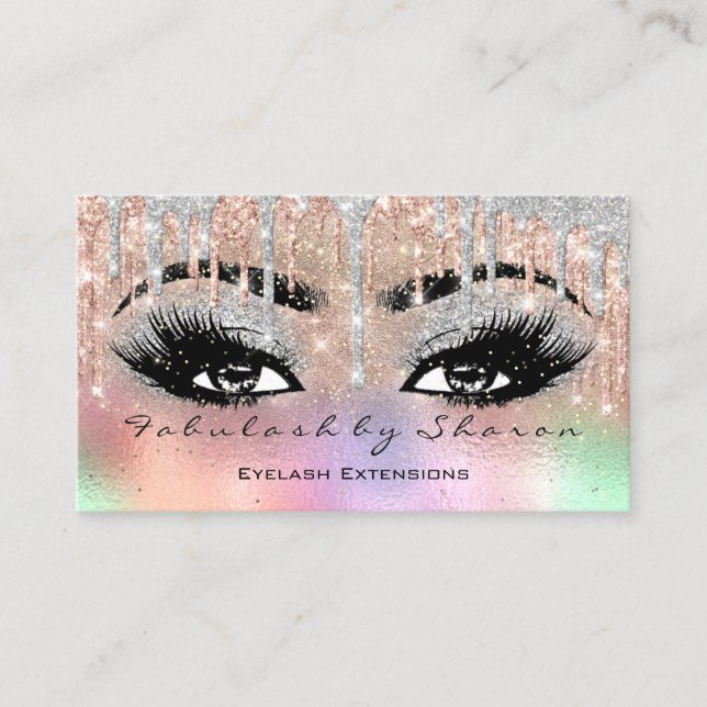 Makeup Eyebrow Lash Glitzer Tropfen Gray Holograph Visitenkarte (Vorderseite)
