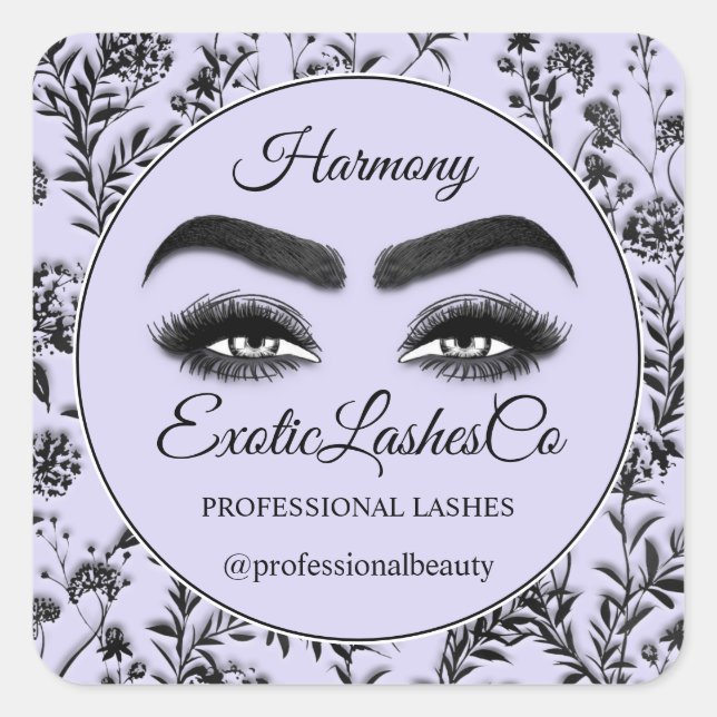 Makeup Eyelash Cleaner Floral Black Lila Violet Quadratischer Aufkleber (Vorderseite)