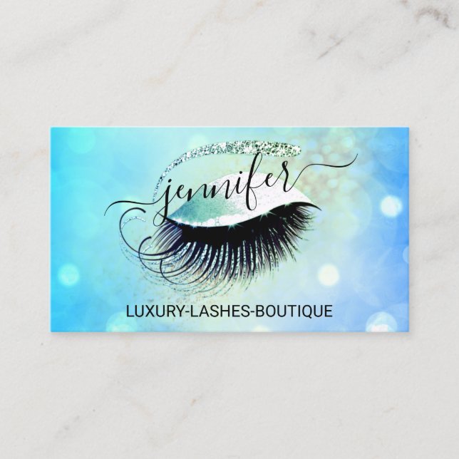 Makeup Eyelash QR Code Logo Glitzer Blue Gold Visitenkarte (Vorderseite)