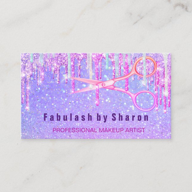 Makeup Friseur Pink Holograph Unicorn Tropfen Visitenkarte (Vorderseite)