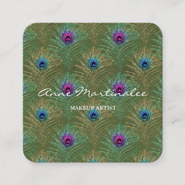 Makeup Glitzer Peacock Feathers Green Quadratische Visitenkarte (Vorderseite)