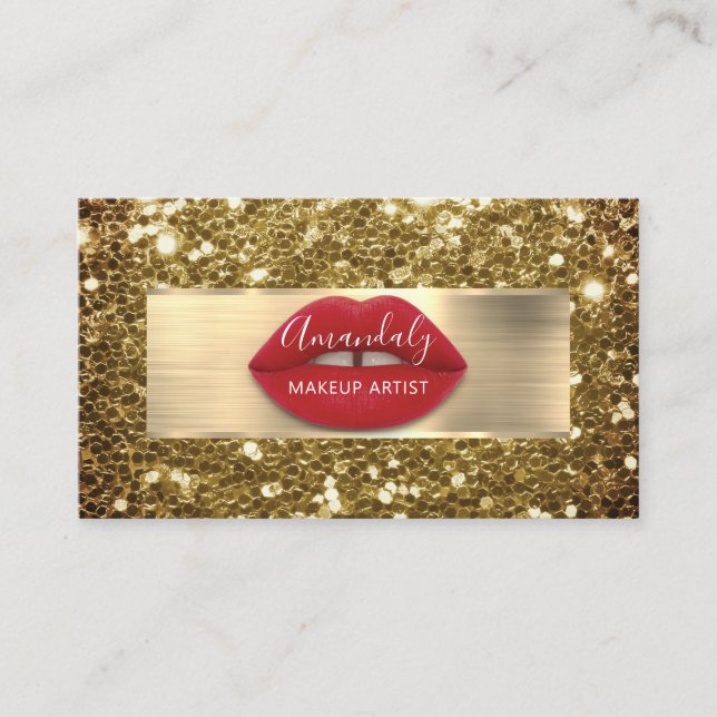 Makeup Gold Glitzer QR Code Logo Red Lips Business Visitenkarte (Vorderseite)