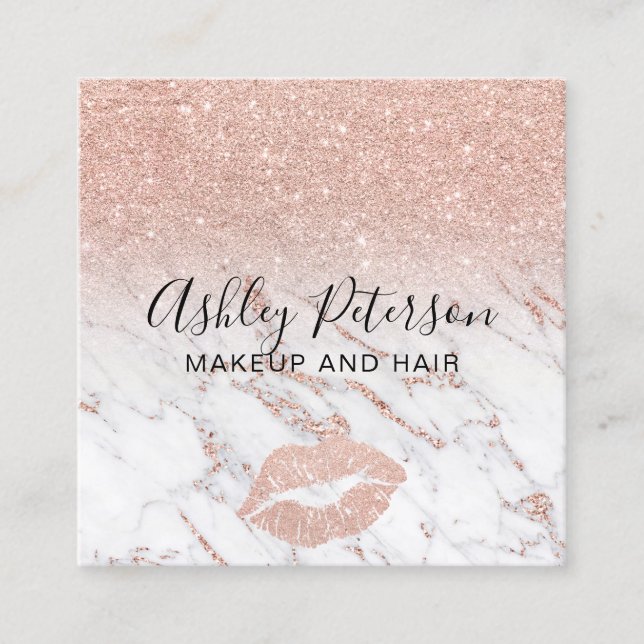 Makeup Haar Marmor Rose Gold Glitzer Lippen Quadratische Visitenkarte (Vorderseite)