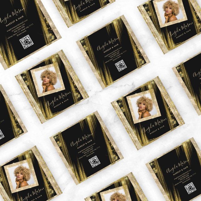 Makeup Hair Custom Foto QR Code Black Gold einziga Quadratische Visitenkarte (Von Creator hochgeladen)