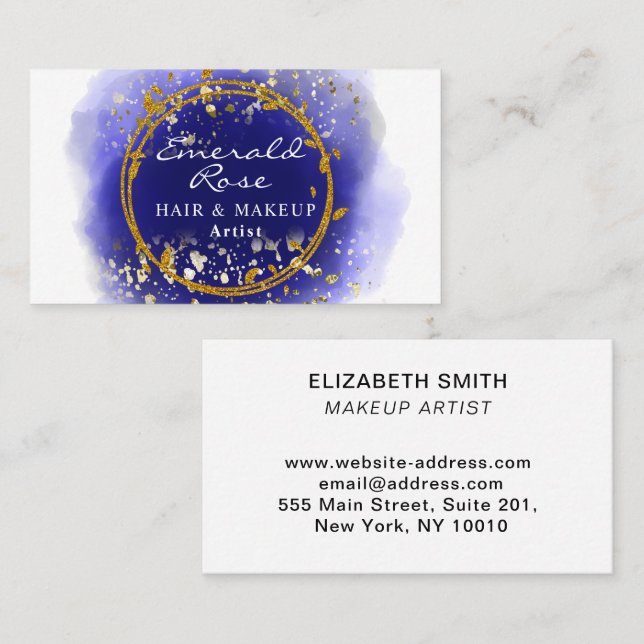 Makeup & Hair Stylist Künstlerskript blau und Gold Visitenkarte (Vorne/Hinten)