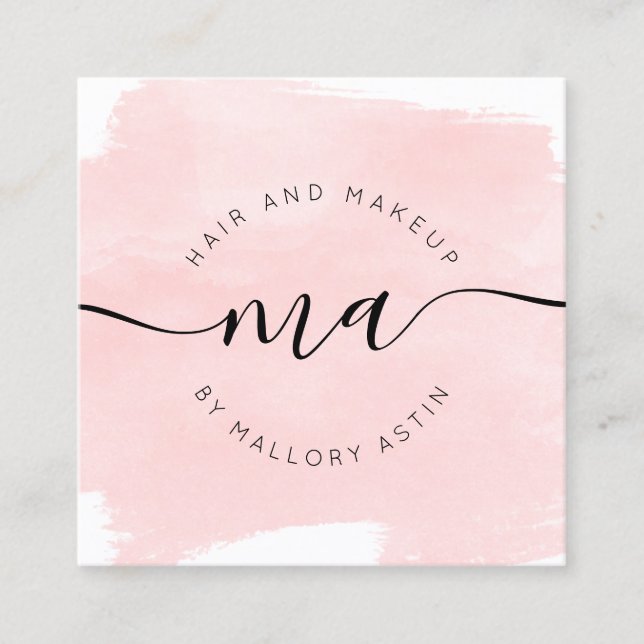 Makeup-Initialen-Logo, moderne rosa Aquarellfarbe Quadratische Visitenkarte (Vorderseite)