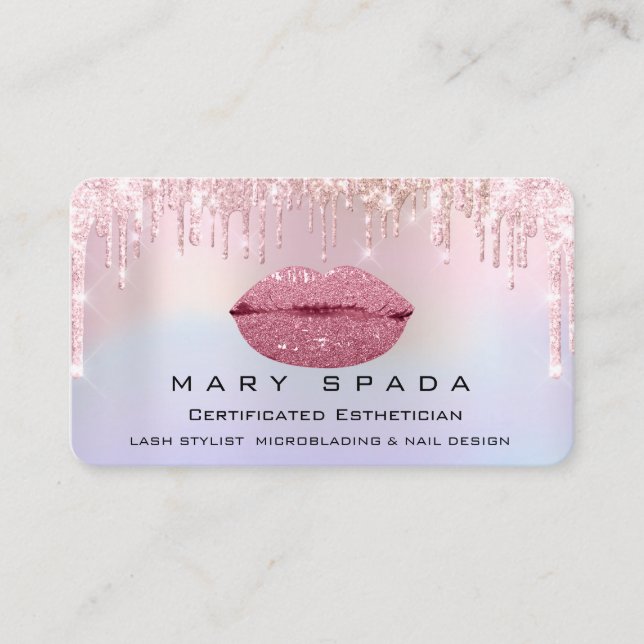 Makeup Kiss Lips Pink Holographic Tropfen Visitenkarte (Vorderseite)