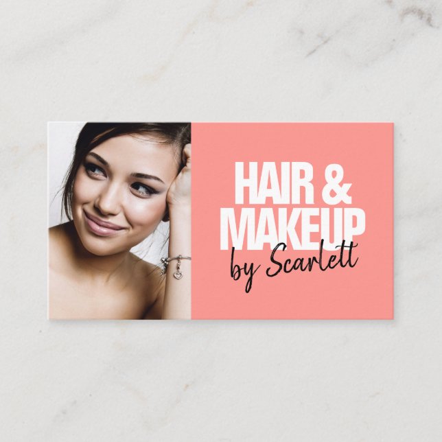 Makeup Künstler Haar Foto fett Skript Koralle rot Visitenkarte (Vorderseite)